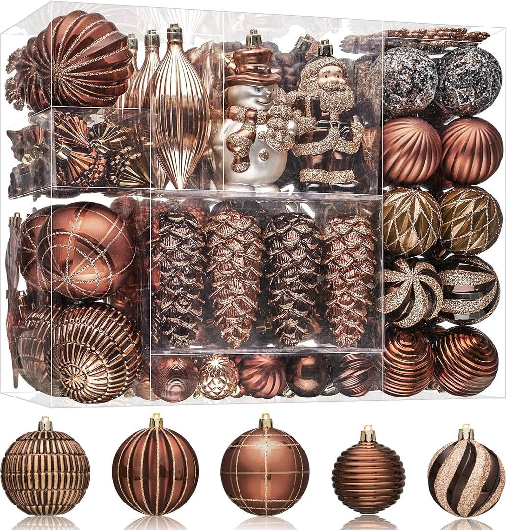 JORNOY 179PCS Christmas Tree Ornaments, Shatterproof Plastic Decorative Baubles for Xmas Tree Decor Home Party Christmas Decorations with Lanyard, Brown 