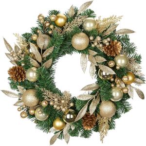 24 inch Christmas Door Wreath, Pine Wreaths for Front Door with Golden Ball Glittered Leaf Spray Stems Pinecones Berries Reef for Fireplace Xmas Decorations, Wall Window Indoor Outdoor Decor
