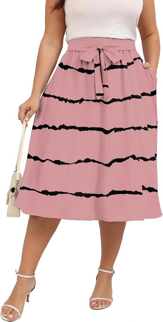 Xpenyo Womens Plus Size Midi Skirts Summer Elastic High Waisted Boho Casual Beach Flowy Swing Knee Length Skirts with Pockets (Pink, XXXL)