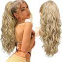 REECHO Ponytail Extension, 24" Claw Clip Ponytail Extension Wavy Ponytails Hair Extensions Jaw Clip on Pony Tails Natural Synthetic Hairpiece for Women Daily, Golden with Blonde Highlights