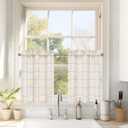 DriftAway Striped Linen Short Curtains - 24 Inch Length, Windowpane Plaid Pattern, Cafe Style for Living Room, Bathroom - Rustic Farmhouse Theme, Rod Pocket, 2 Panels Red