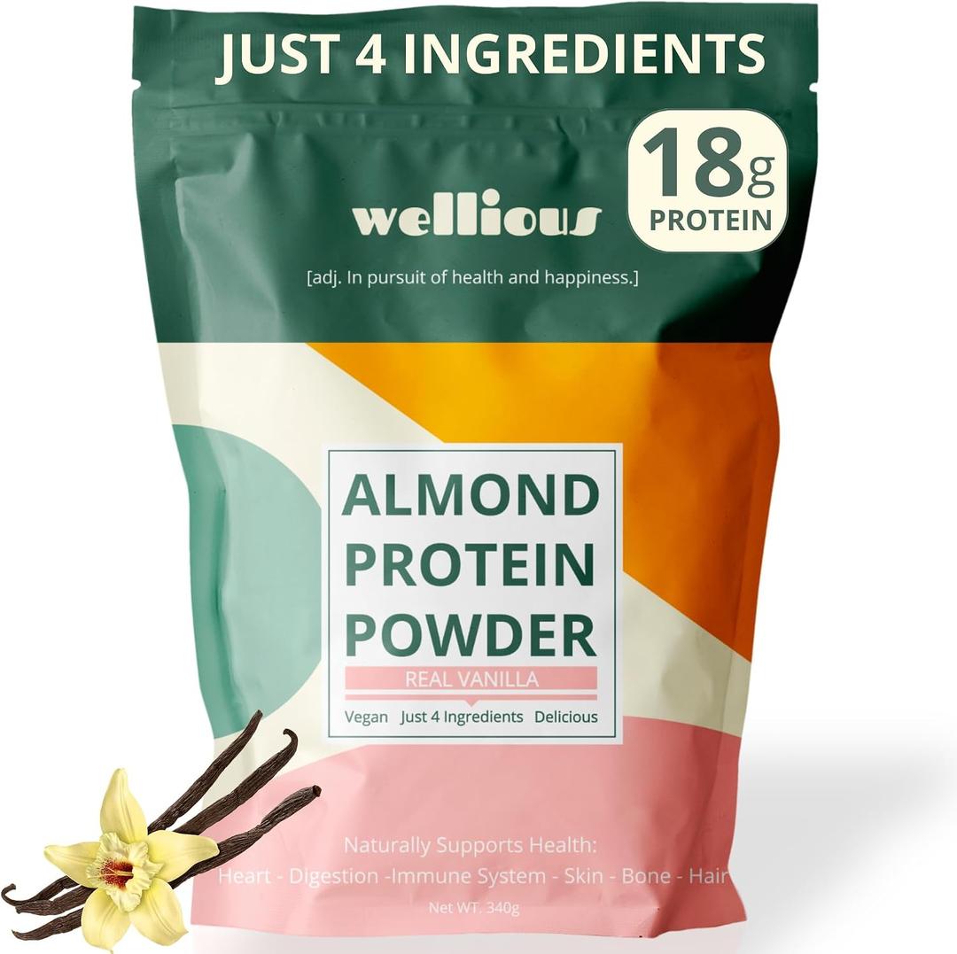 Wellious Almond Vegan Protein Powder, Vanilla, 18g Protein, Soy-Free (EXP 08/14/28)