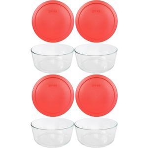 Pyrex 7 Cup Storage Capacity Plus Round Dish with Plastic Cover Sold in Packs of 4, Pack of 4, Red