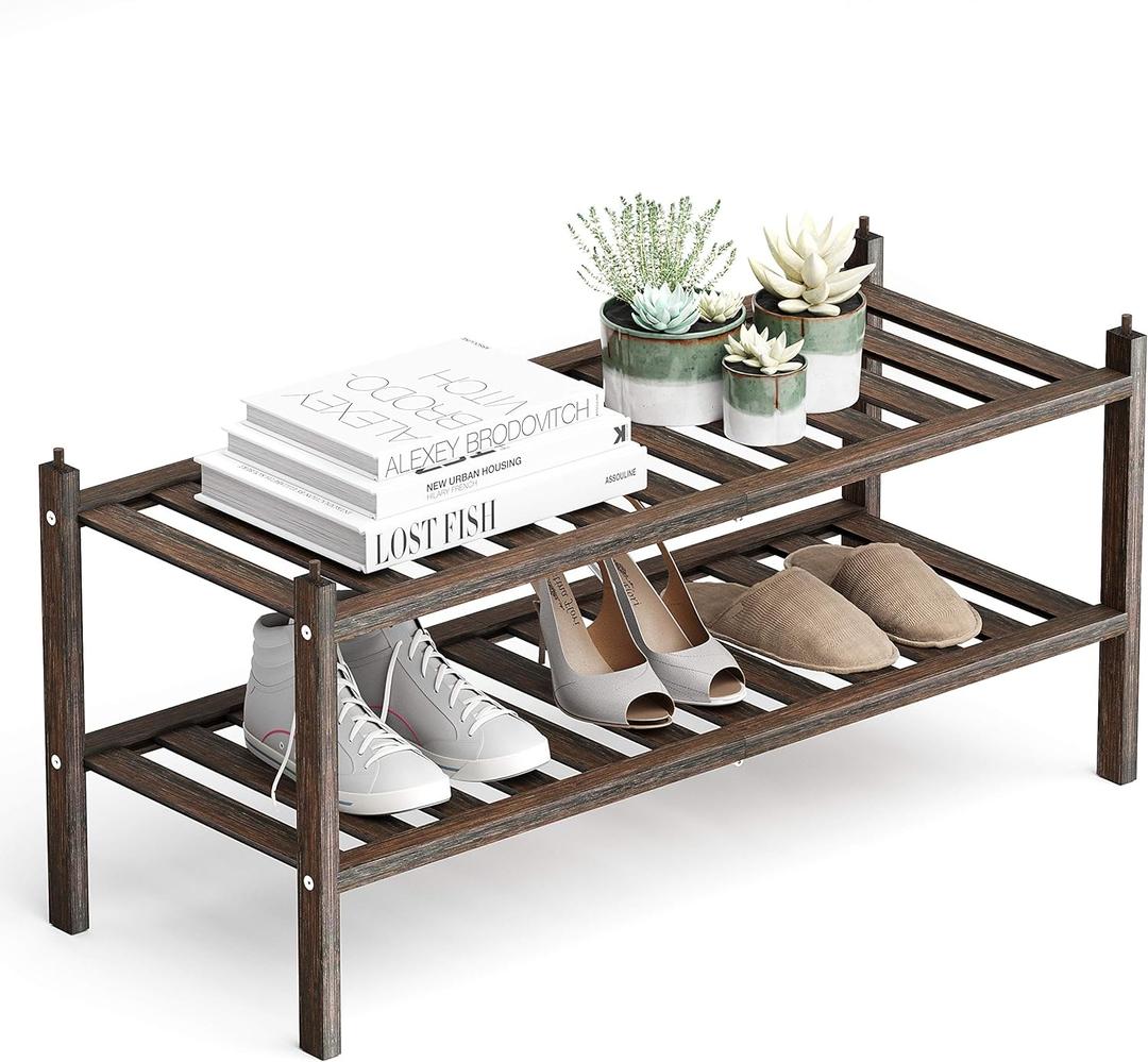 Shoe Rack,2-Tier Bamboo Stackable Shelf Storage Organizer for Entryway, Hallway and Closet, 27.2"x11"x13.2" (Mocha)