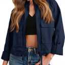 Tankaneo Women Casual Cropped Jackets Zip Up Lightweight Military Safari Short Utility Coat with Pockets, Size L