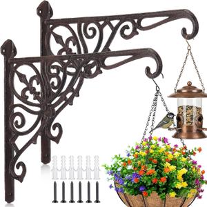 Otoolling 2 Pack Cast Iron Hanging Plant Bracket 12" Outdoor Wall Plant Hangers Hooks Heavy Duty Hanging Bracket Hooks Vintage Decorative Wall Hangers for Pots Bird Feeder Wind Chime (Brown, Classic)