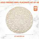 Sieral 48 Packs Gold Round Placemats 15 Inch Hollow Out Pressed Vinyl Place Mats Heat Resistant Woven Gold Placemats for Christmas Dinner Table Winter Holiday Party Wedding Centerpiece Decoration