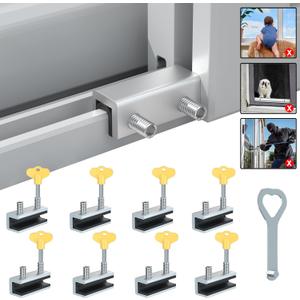 RELIANCER 8 Sets Sliding Window Locks, Aluminum Security Door Window Stoppers, Adjustable Safety Windows Lock for Horizontal & Vertical Fenster Doors, Child Proof Slider Windows Blocker for Home Safety