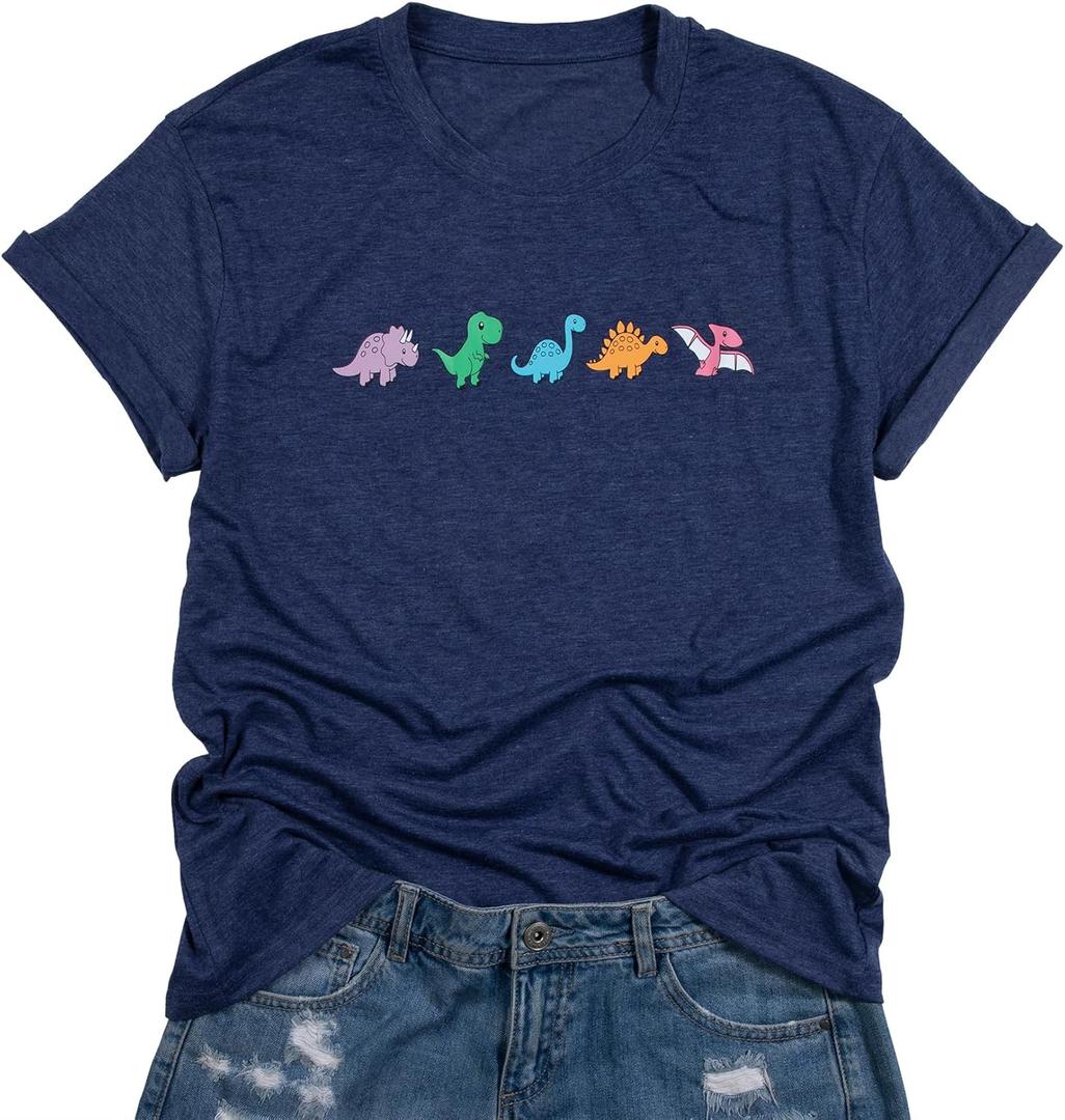 Women Dinosaurs Shirt Cut Teacher Tshirt Dinosaur Graphic Summer Short Sleeve Loose Tee (Yellow, L)