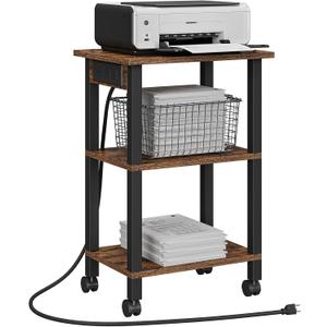 TUTOTAK 3 Tier Printer Stand, Rolling Printer Cart with Power Outlets and USB Ports, Mobile Printer Table with Wheels, for Under Desk, Office, Home,Brown PS02BB001 (3 tier(15.7 x 11.8 x 23.6inchs))