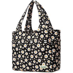 Scorlia Insulated Shoulder Bag, Extra Large Lunch Tote Handbag, Durable Reusable Cooler Ladies Lunch Box Bag with Side Pockets, Tall Drinks Holder for Women Men Work, Black with White Flower (Chrysanthemum)
