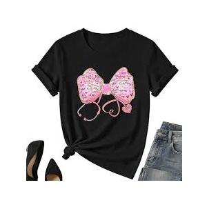Valentines Nurse Shirt for Women-Valentines Day Bow Short Sleeves Funny Nursing School Tee Tops, XXL, Black