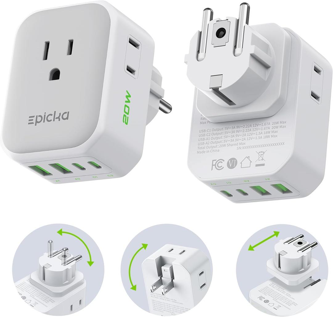 EPICKA Hybrid Travel Plug Adapter, 2 Packs Foldable & Detachable Type EF VisaPlug, 8-in-1 International Power Adapter with 4 USB Ports (2 USB-C PD 20W), Travel Essentials for US to German France