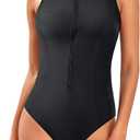 Tempt Me Women Athletic One Piece Swimsuit Zipper High Neck Bathing Suit Racerback Swimwear (X-Large, Black)