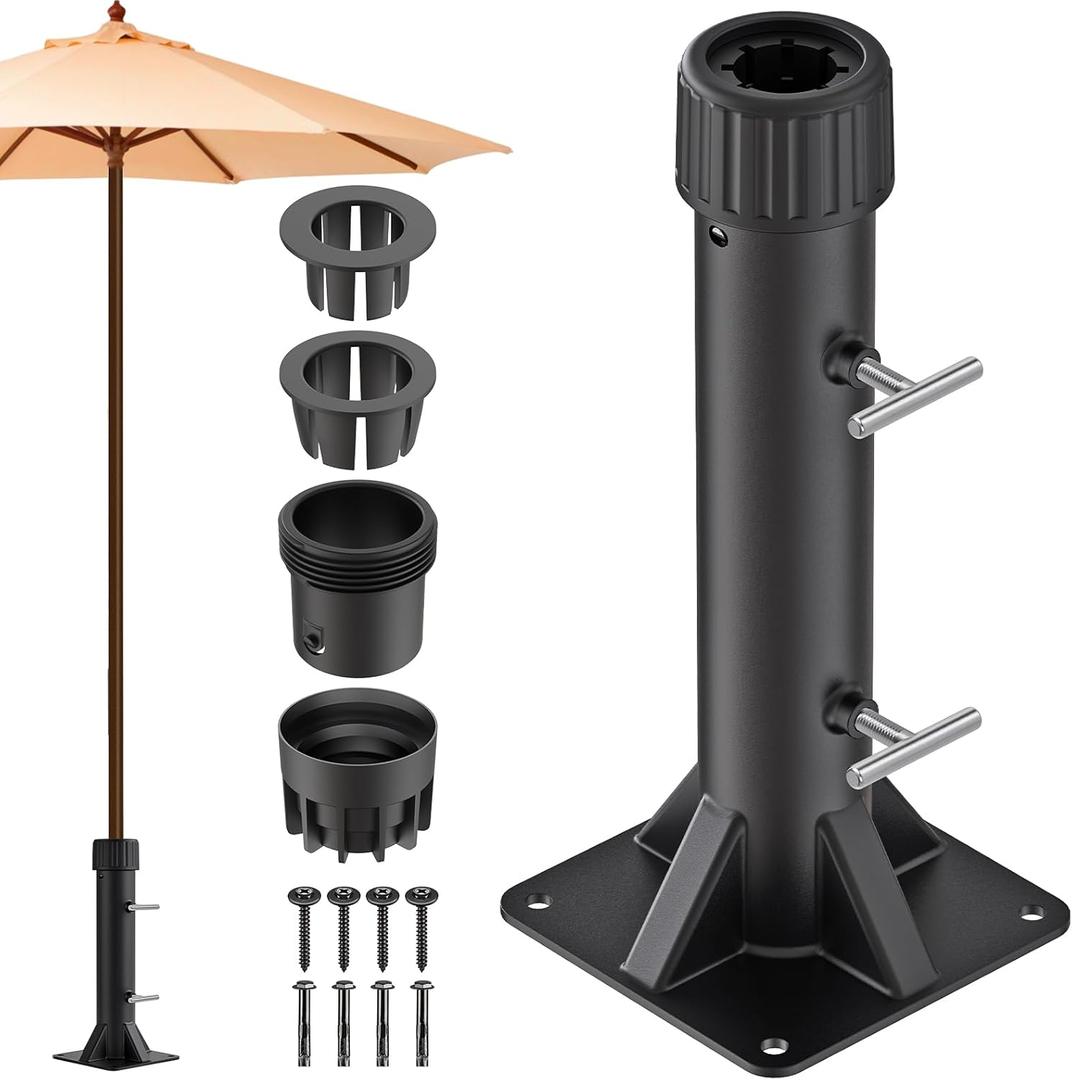 Heavy Duty Patio Umbrella Stand Base with Steel Hand Screws, Outdoor Deck Bracket for Poles up to 2", Full Welding, 4 Fixed Sleeve Windproof Design for Patio, Deck, Poolside, Garden