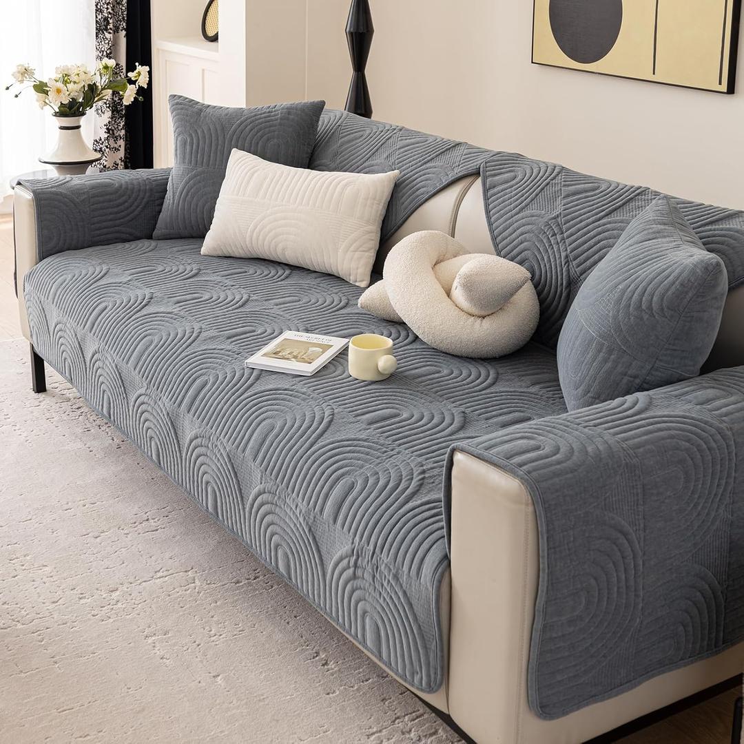 vctops Ultra Soft Chenille Couch Cover Rainbow Embroidery Anti Slip Sectional Couch Covers Washable Sofa Slipcover for Dogs, Children, Pets Furniture Protector (Dark Grey,28"x59")