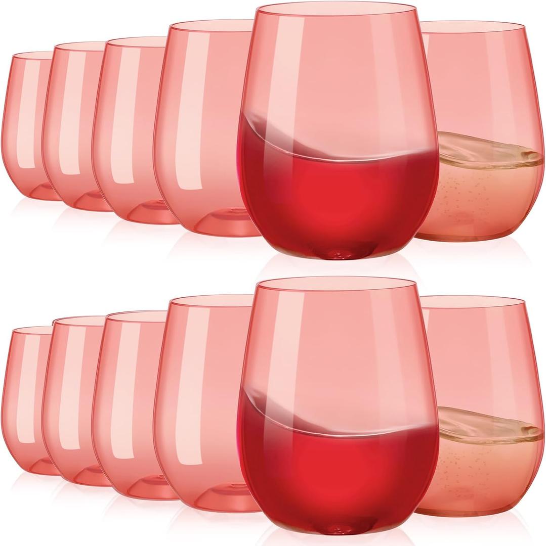 Tioncy 12 Pcs Pink Red Plastic Stemless Wine Glasses Bulk Reusable Colored Unbreakable Valentines Party Wine Cups for Indoor Outdoor Dining Wedding Birthday Cocktail Champagne, 14 oz(Crystal Red)