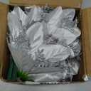 GREENTIME 12 Pcs Glitter Poinsettia 5.5" Artificial Flowers Christmas with Clips Stems Xmas Tree Ornaments for New Year Party Stairs Fireplace Porch Balcony Garden Church Wreath Decoration (Silver)