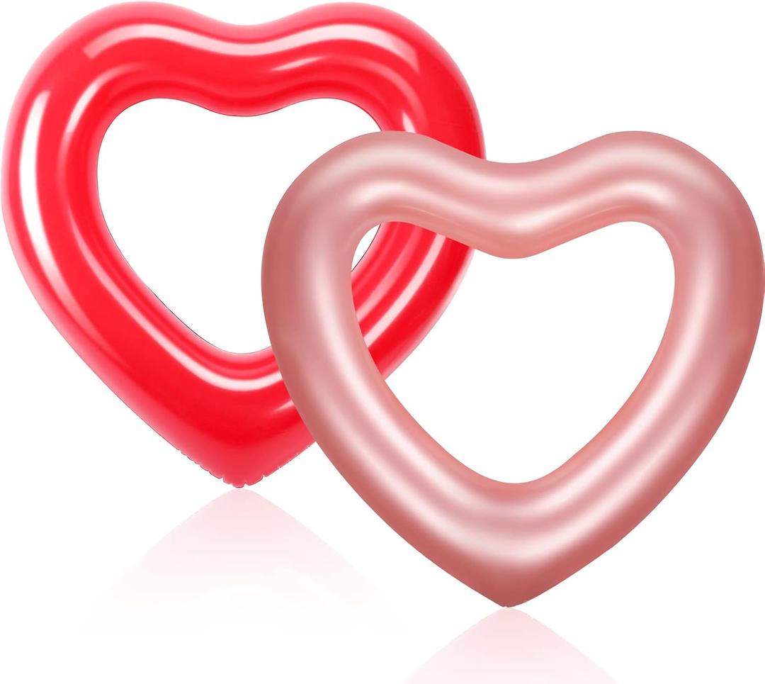 Sumind 2 Pieces Heart Pool Float, 47.3 x 39.4 Inch Inflatable Swim Rings Bachelorette Party Pool Float Tube, Heart Shaped Summer Swimming Ring, Water Beach Party for Adults (Rose Gold, Bright Red)