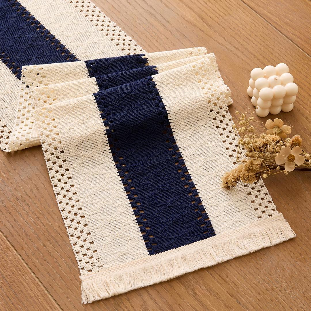 SITUMEIZI Blue Macrame Boho Table Runner with Tassels Woven Rustic Farmhouse Table Runner for Kitchen Dining 71 Inches