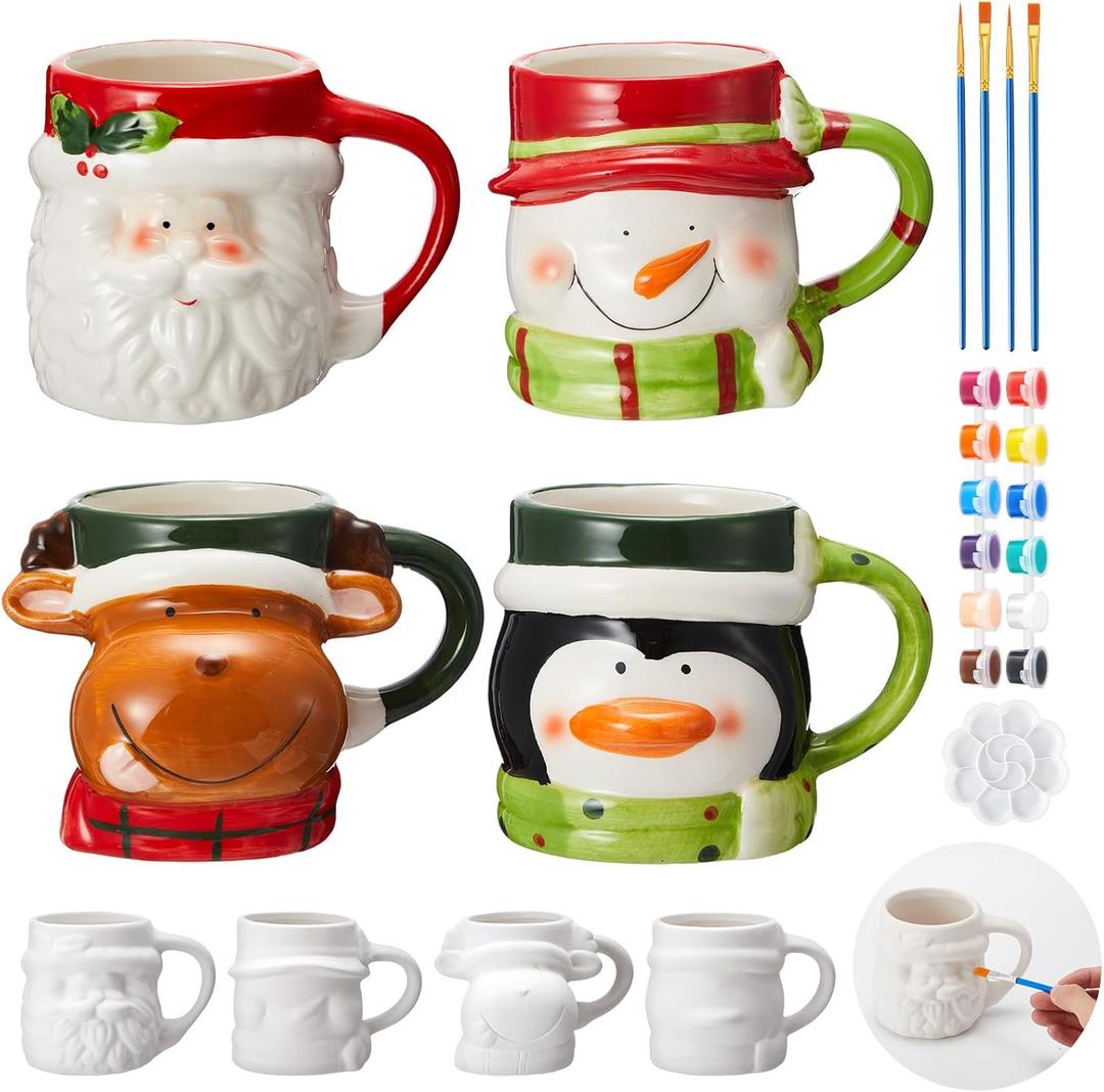 LOYIM Set of 4 Christmas Ceramic to Paint Color Your Own Mugs Christmas Craft for Adult Santa Snowman Elk Penguin DIY Mug Painting Kit with Paints, Brushes, Palette for Xmas Activity Art Decoration