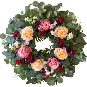 WANNA-CUL 24 Inch Spring Valentines Day Wreaths for Front Door,Spring Mothers Day Wreath Gifts Decorations with Pink,Champagne, Burgundy Rose and Eucalyptus Leaves for Wedding or Indoor&Outdoor Decor (07-Red Rose)