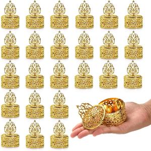 Mezchi 24 Pack Gold Vintage Favor Boxes, Mini Plastic Candy Container with Lid, Small Treat Gift Boxes Candy Storage Container for Wedding Party, Tea Party, 2''Wx 3''H, Round