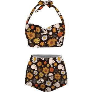 Butterfly Women's Retro Ruched Ruffle High Waist Bikini Set, Flag Tankini Swimsuits Tummy Control Swimwear (S, Retro Goth Skull)