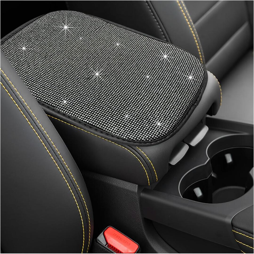 DXNQ Bling Car Armrest Cover, 11.8"8.5" Crystal Rhinestone Auto Center Console Protective Cover, Bling Charming Arm Rest Cushion Pad for Most Cars SUVs Trucks, Car Accessories (Black&White)