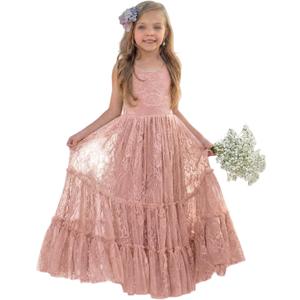 LalaMira Flower Girl Dress Lace Boho Toddler Dresses Ruffle Girl Dress for Wedding Garden Party Holiday Communion Sleeveless (12 Years, Dusty Rose)