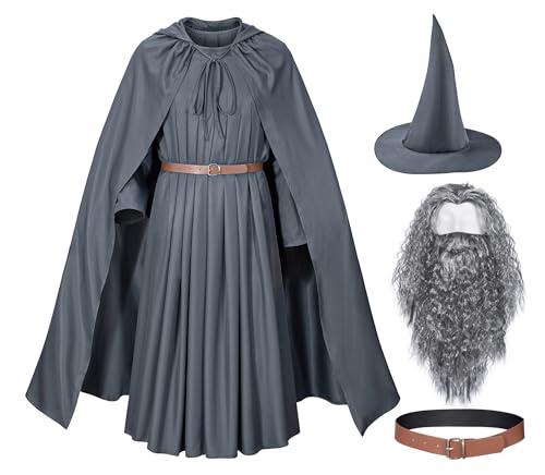 Grey Wizard Costume Mens Adult Robe Hooded Cloak Outfits Hat Full Set Halloween Cosplay, Large