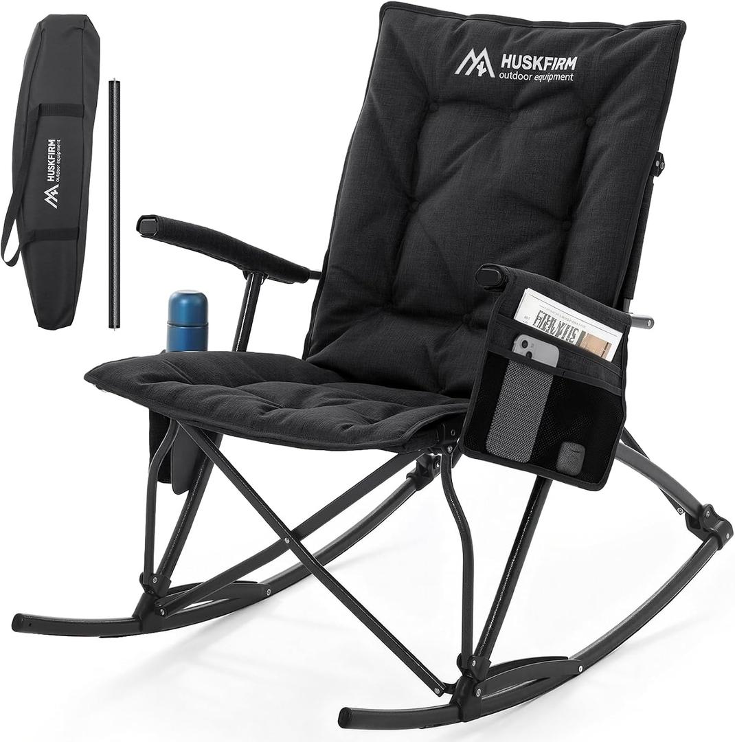 Huskfirm Oversized Rocking Camping Chair Folding Rocking Chair with High Back Padded Outdoor Rocking Chair Heavy Duty Portable Rocker Chair for Camping, Lawn and Patio, Supports Up to 400 lbs, Black