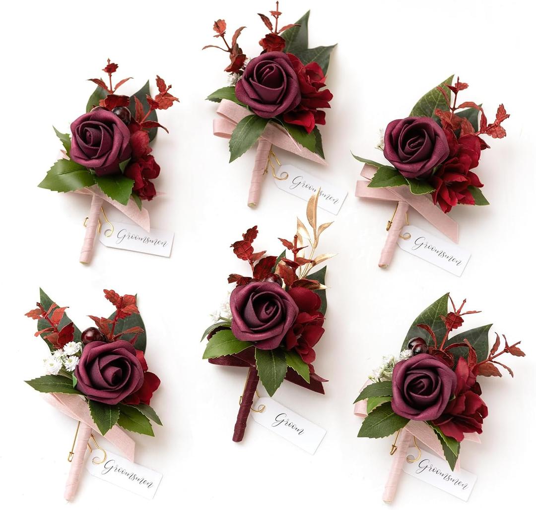 Ling's moment Boutonniere for Men, 6pcs Groom Groomsmen Boutonniere, Artificial Flowers for Wedding Decor/Prom/Homecoming, etc.Burgundy Marsala