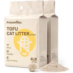 FUKUMARU Tofu Cat Litter - Septic Safe Corn Starch Blend, Flushable & Dust-Free, Quick Clumping, Superior Odor Control, Unscented, All-Natural, Low Tracking Pellets, Lightweight, 12 LBS (2 Packs)