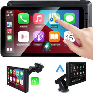 Wireless CarPlay Screen Android Auto for Car, 7" Touch Screen Naivgation Portable Car Stereo CarPlay Bluetooth Mirror Link, Siri, AirPlay, AUX, Voice Assistant for All Vehicles Upgrade