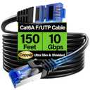 Cat6A Ethernet Cable Shielded 10Gbps 150 ft, Slim Shielded (F/UTP) Ethernet Cable Cat 6, Flexible 28AWG Bare Copper Cat6 Cable, Space-saving Cat 6a Network Cable for Server, Data Center, Black