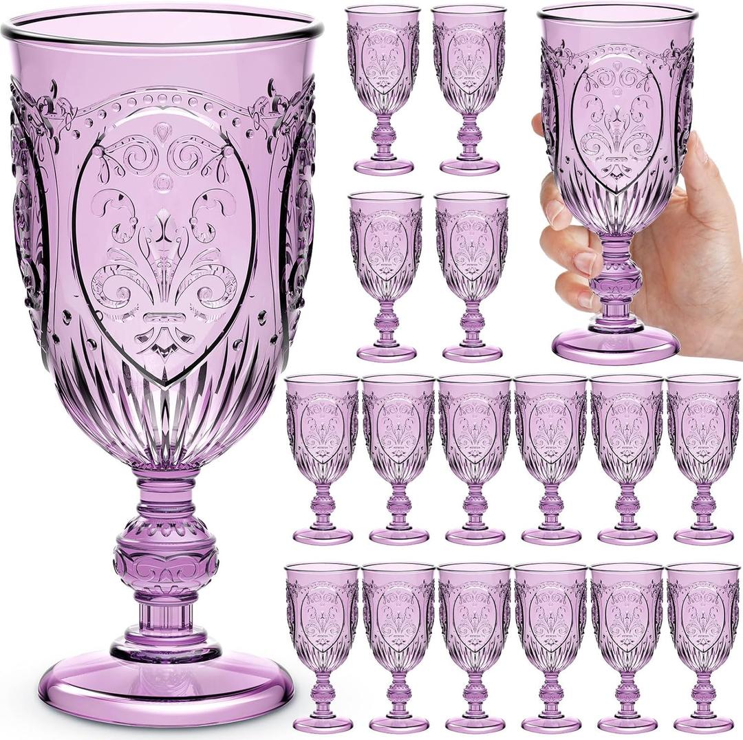 Wiwiqing 18 Pack Plastic Goblets 10oz Upgrade Vintage Water Goblet Plastic Wine Glasses Colored Retro Embossed Glassware for Party Wine Bar Juice Baby Shower Wedding Reception Grand (Purple)