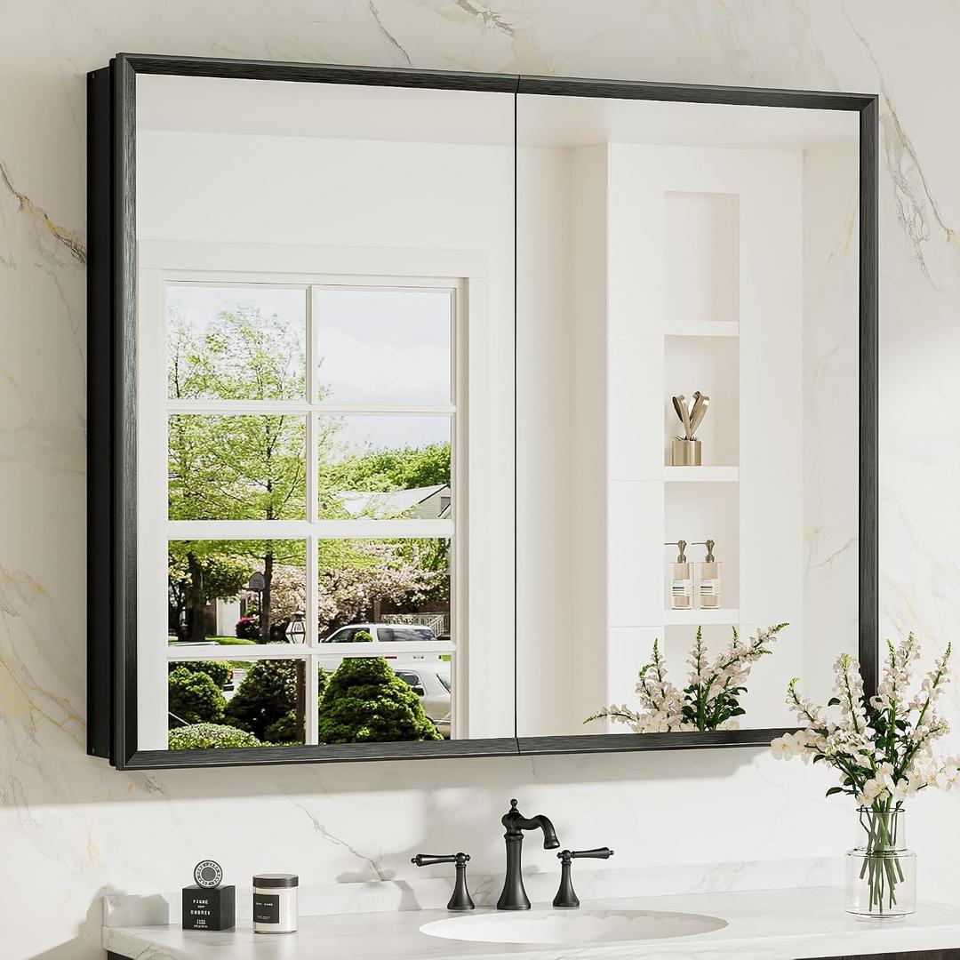 TokeShimi 40 x 32 Black Recessed Medicine Cabinet with Mirror, Assembly Required, Bathroom Mirror Cabinet, Steplessly Adjustable Shelves, Beveled Aluminum Frame, Tempered Glass