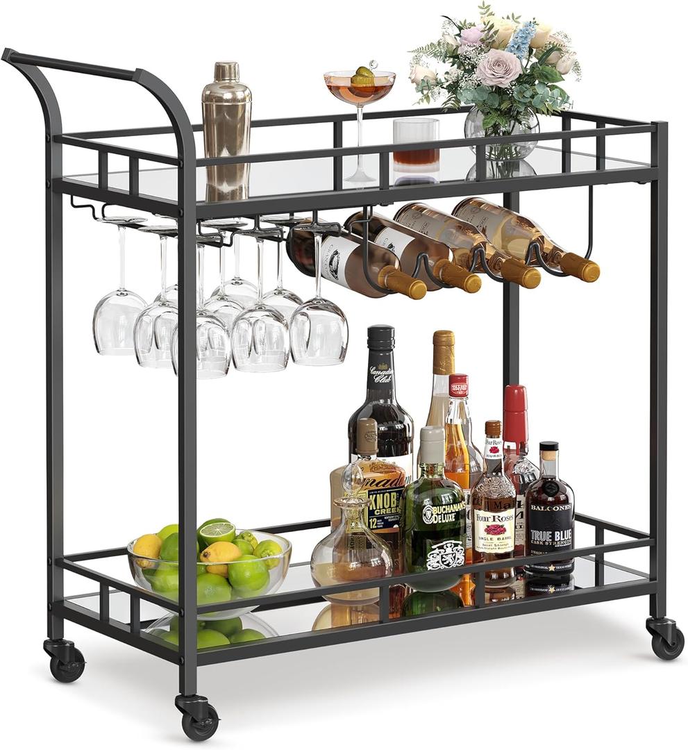 VASAGLE Bar Cart Black, Home Bar Serving Cart, Cart with 2 Mirrored Shelves, Holders, Glass Holders, for Kitchen, Dining Room, Black ULRC090B62