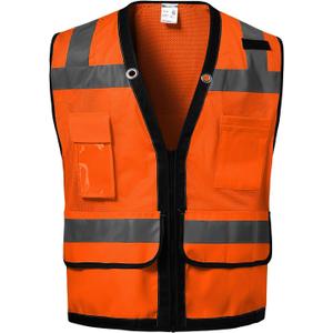 Reflective Safety Vest With Back Pocket, High Visibility Class 2 Heavy Duty Surveyor Vest with Zipper, ANSI/ISEA Standard, Construction Work Vest for Men & Women (Orange, 4XL)