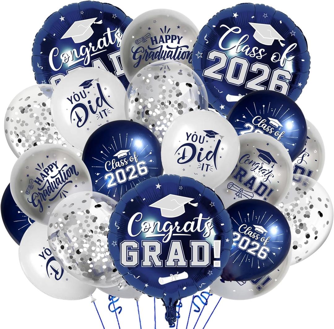 Navy Blue and Silver Graduation Balloons Graduation Decorations 2026, 51Pcs Grad Latex Balloons and Grad Foil Balloon with Confetti Ribbons Grad Party Decorations for College High School