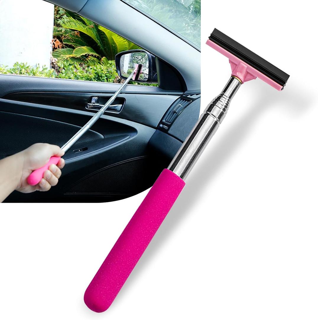 1 PC Car Rearview Mirror Wiper, 8.66"-38.58" Telescopic Stainless Steel Frosted Handle Layered Rubber Brush Head Car Window Glass Defogger Wiper, Portable Cleaning Accessories (Pink)
