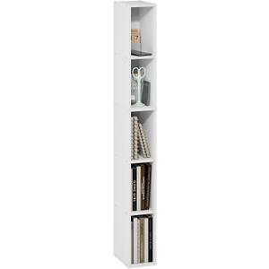 Furinno Fulda Book Shelf, 5-Tier Tall Narrow Bookshelf, Standing Bookcase with 6-in Width Storage Shelf, 9.3 x 5.9 x 51.9, for Organization Storage, for Living Room, Bedroom, Home Office, White