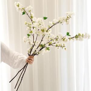 Senjie Artificial Cherry Blossom Branches, Fake Flowers Bouquet with Real Touch Long Stems, Faux Silk Flowers for Vases Wedding Party Table Centerpieces Spring Home Decor (3PCS, Vase Not Included) (White)