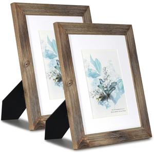KAIWIN 100% Solid Wood Brown 8x10 Picture Frame 2 Pack - Display Picture 5x7 with Mat, HD Glass Inside, Rustic Wooden Photo Frames for Table Top and Wall Mounting