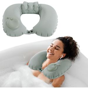 MABOZOO Inflatable Bath Neck Pillows for Tub & Shower - Head & Neck Support, Grey U-Shaped Travel Pillow for Airplane 2 Pack