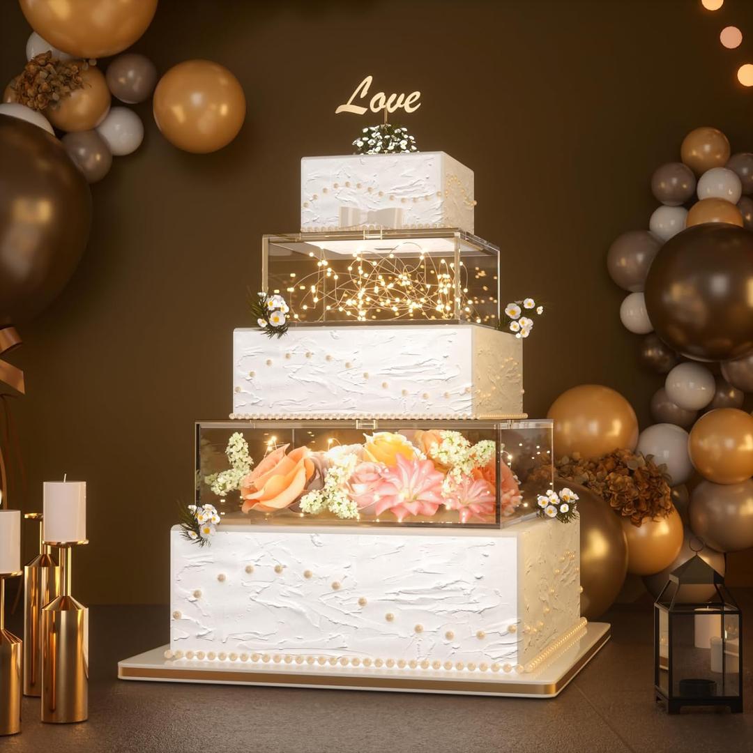 2PCS Clear Acrylic Cake Stand, Fillable Cake Box Riser Cake Tier, Square Cake Display Box with Lid, Decorative Centerpiece Box for Wedding Birthday Party (2pcs, 10" Dx4 H; 6" Dx4 H, 2M LED Lights)