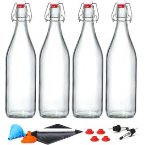 4 Pack [1 Liter / 33 fl. oz.] Swing Top Glass Bottles w/ Airtight Stopper Lids  Flip Top Brewing Bottle for Fermentation, Kombucha, Mead, Vinegar, Beer, Kefir, Wine  With 4 Extra Seals & 2 Pourers