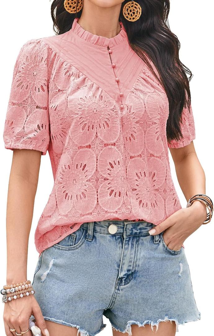 Summer Womens Tops Floral Lace Embroidered Blouses Ruffled Stand Collar Shirts Casual Short Sleeve Clothes Trendy (M) Summer Womens Tops Floral Lace Embroidered Blouses Ruffled Stand Collar Shirts Casual Short Sleeve Clothes Trendy (M)