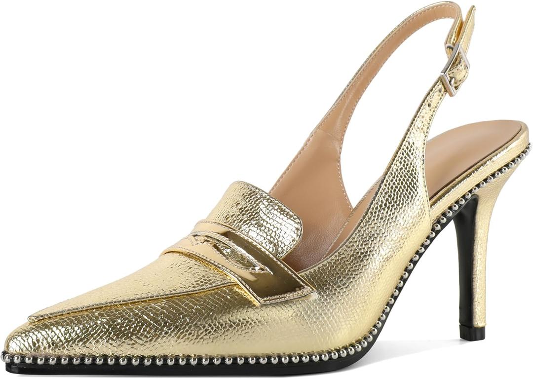 SAMMITOP Women's Sling back High Heel Pumps 3.5" Stiletto Pointed Toe Beaded Pumps Slip On Loafers Heels Elegant Dress Shoes (9, Gold)